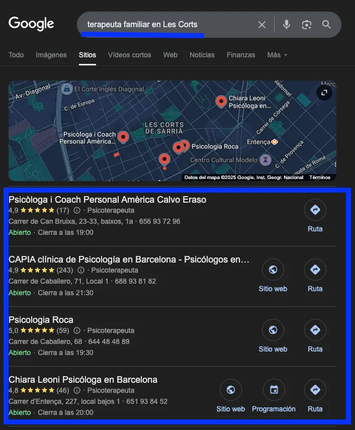 Resultados de búsqueda en Google Maps para terapeuta familiar en Les Corts