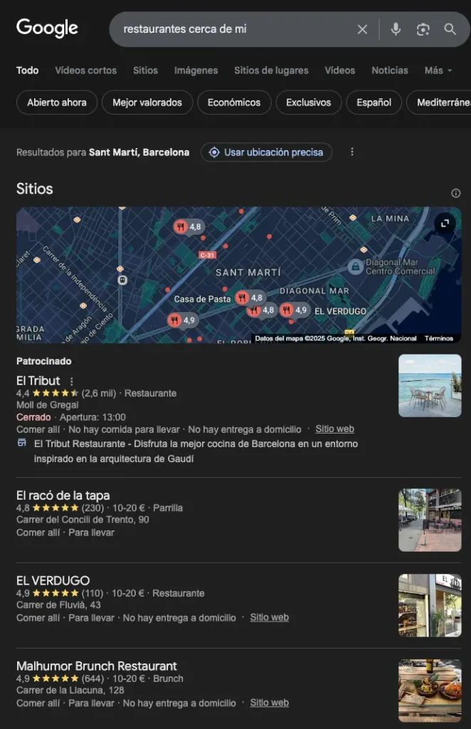 Ejemplo de Local Pack en Google mostrando restaurantes en Sant Martí Barcelona