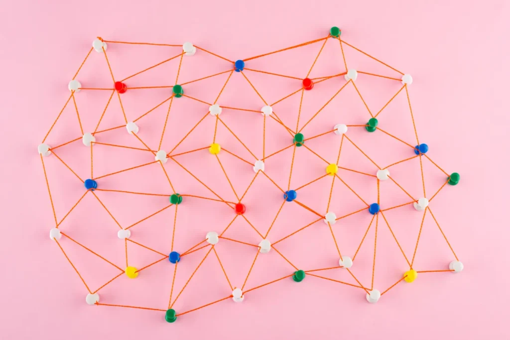 Red de conexiones que representa backlinks de calidad y autoridad SEO