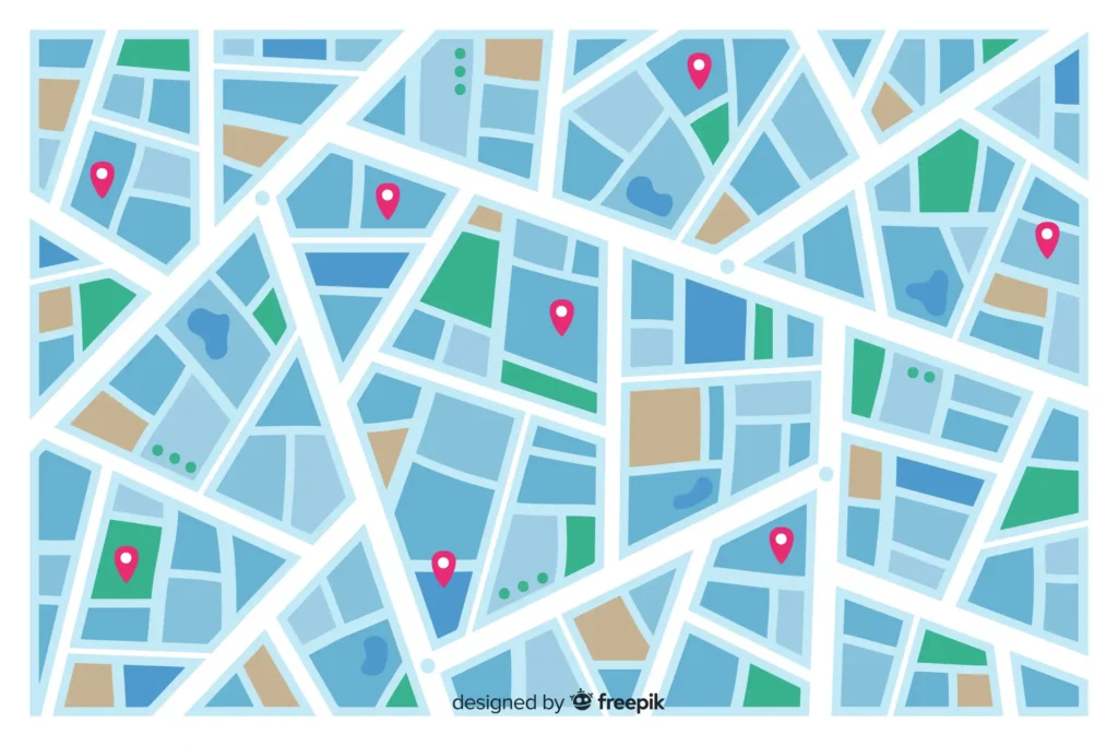 Mapa ilustrado con ubicaciones que representa el posicionamiento local en Google